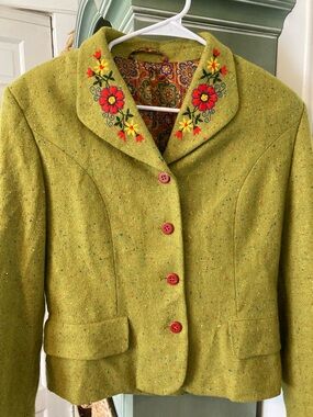 Oilily Chartreuse Green Embroidered Collar Womens Jacket